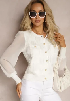 Biała Bluzka z Ozdobnymi Rękawami i Biżuteryjnymi Guzikami Orithya