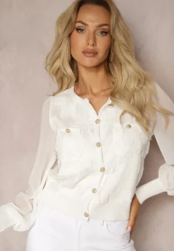 Biała Bluzka z Ozdobnymi Rękawami i Biżuteryjnymi Guzikami Orithya