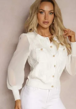Biała Bluzka z Ozdobnymi Rękawami i Biżuteryjnymi Guzikami Orithya