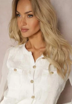 Biała Bluzka z Ozdobnymi Rękawami i Biżuteryjnymi Guzikami Orithya