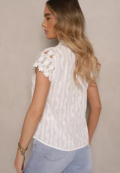 Biała Bluzka z Tłoczonej Tkaniny z Bawełny Zdobiona Koronką Adivlolla