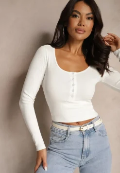 Biała Bluzka z Wiskozą i Bawełną Ozdobiona Guzikami Florwiwi