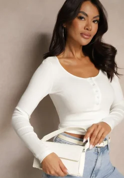 Biała Bluzka z Wiskozą i Bawełną Ozdobiona Guzikami Florwiwi