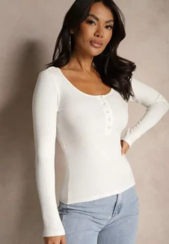 Biała Bluzka z Wiskozą i Bawełną Ozdobiona Guzikami Florwiwi