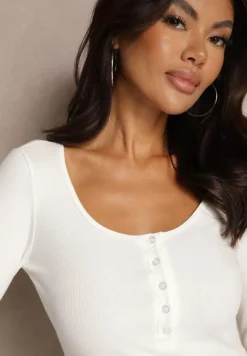 Biała Bluzka z Wiskozą i Bawełną Ozdobiona Guzikami Florwiwi