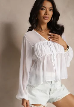 Biała Bluzka z Wiskozą i Ozdobnym Wiązaniem z Transparentnego Materiału Rineira