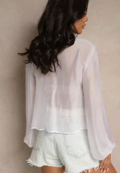 Biała Bluzka z Wiskozą i Ozdobnym Wiązaniem z Transparentnego Materiału Rineira
