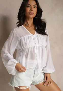 Biała Bluzka z Wiskozą i Ozdobnym Wiązaniem z Transparentnego Materiału Rineira