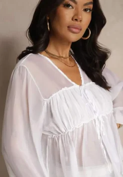 Biała Bluzka z Wiskozą i Ozdobnym Wiązaniem z Transparentnego Materiału Rineira