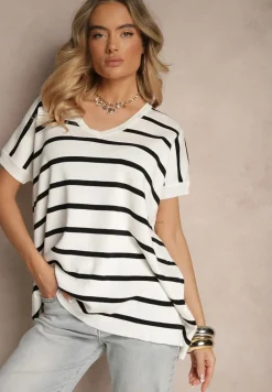 Biała Bluzka z Wiskozą Oversize Ozdobiona Paskami Tasvesia