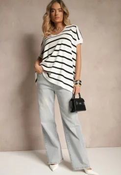 Biała Bluzka z Wiskozą Oversize Ozdobiona Paskami Tasvesia