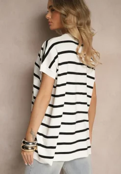 Biała Bluzka z Wiskozą Oversize Ozdobiona Paskami Tasvesia