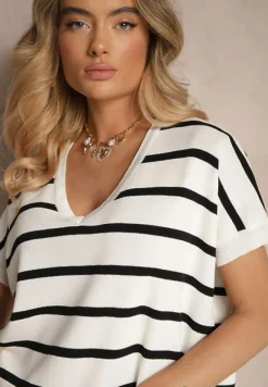 Biała Bluzka z Wiskozą Oversize Ozdobiona Paskami Tasvesia