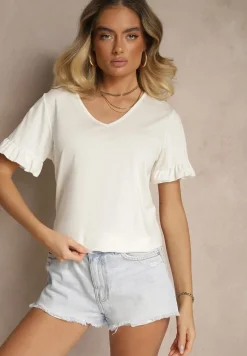 Biała Bluzka z Wiskozą z Falbankami i Dekoltem w Kształcie Litery V Alivaya