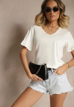 Biała Bluzka z Wiskozą z Falbankami i Dekoltem w Kształcie Litery V Alivaya