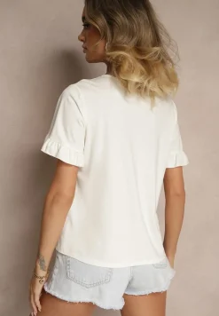 Biała Bluzka z Wiskozą z Falbankami i Dekoltem w Kształcie Litery V Alivaya