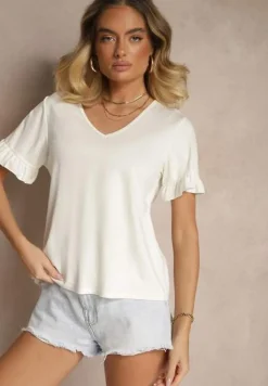 Biała Bluzka z Wiskozą z Falbankami i Dekoltem w Kształcie Litery V Alivaya