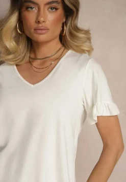Biała Bluzka z Wiskozą z Falbankami i Dekoltem w Kształcie Litery V Alivaya