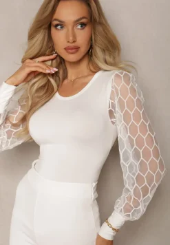 Biała Bluzka z Wiskozy Ozdobiona Koronkowymi Rękawami Ollivine