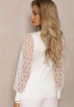 Biała Bluzka z Wiskozy Ozdobiona Koronkowymi Rękawami Ollivine