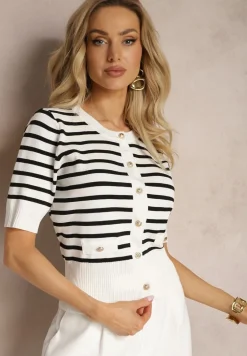 Biała Bluzka z Wiskozy w Paski z Ozdobnymi Guzikami i Imitacją Kieszeni Atomes