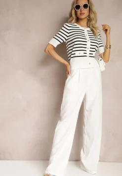 Biała Bluzka z Wiskozy w Paski z Ozdobnymi Guzikami i Imitacją Kieszeni Atomes