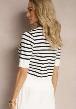 Biała Bluzka z Wiskozy w Paski z Ozdobnymi Guzikami i Imitacją Kieszeni Atomes
