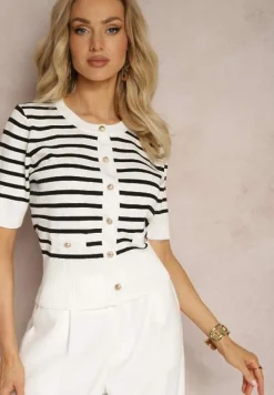 Biała Bluzka z Wiskozy w Paski z Ozdobnymi Guzikami i Imitacją Kieszeni Atomes