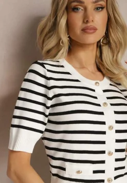 Biała Bluzka z Wiskozy w Paski z Ozdobnymi Guzikami i Imitacją Kieszeni Atomes