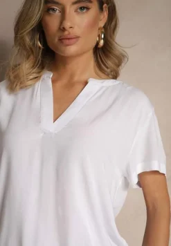 Biała Bluzka z Wiskozy z Dekoltem w Serek Savelae