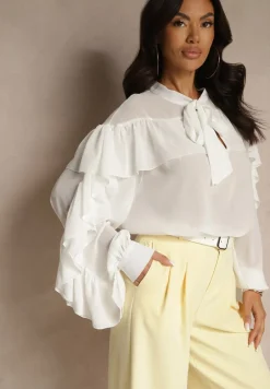 Biała Bluzka z Wiskozy z Transparentną Wstawką Falbanami i Wiązaniem Fillenea