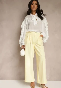 Biała Bluzka z Wiskozy z Transparentną Wstawką Falbanami i Wiązaniem Fillenea