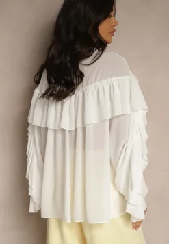 Biała Bluzka z Wiskozy z Transparentną Wstawką Falbanami i Wiązaniem Fillenea