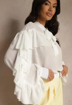 Biała Bluzka z Wiskozy z Transparentną Wstawką Falbanami i Wiązaniem Fillenea