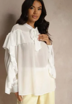 Biała Bluzka z Wiskozy z Transparentną Wstawką Falbanami i Wiązaniem Fillenea