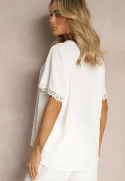 Biała Bluzka z Wykończeniami z Koronki i Dekoltem V Mallana