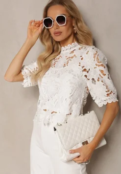 Biała Bluzka ze Stójką z Ażurowej Koronki Nariras