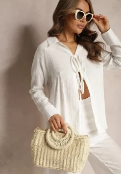 Biała Casualowa Bluzka z Bawełny Wykończona Wiązaniem i Kołnierzykiem Cyrilla