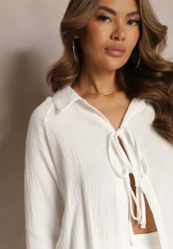 Biała Casualowa Bluzka z Bawełny Wykończona Wiązaniem i Kołnierzykiem Cyrilla
