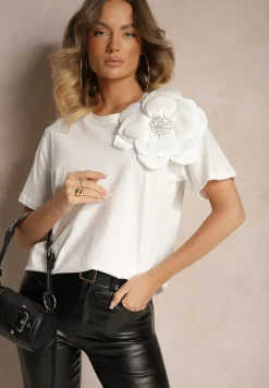 Biała Casualowa Bluzka z Bawełny Ozdobiona Kwiatem 3D i Cyrkoniami Renvia