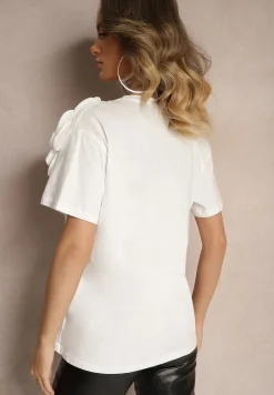 Biała Casualowa Bluzka z Bawełny Ozdobiona Kwiatem 3D i Cyrkoniami Renvia