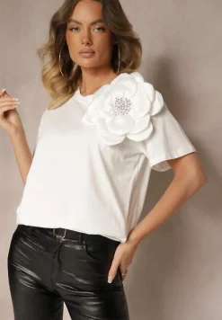 Biała Casualowa Bluzka z Bawełny Ozdobiona Kwiatem 3D i Cyrkoniami Renvia