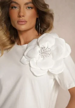 Biała Casualowa Bluzka z Bawełny Ozdobiona Kwiatem 3D i Cyrkoniami Renvia