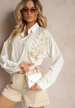 Biała Casualowa Koszula Ozdobiona z Przodu Aplikacją Nestalisa