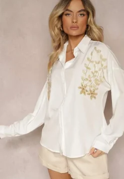 Biała Casualowa Koszula Ozdobiona z Przodu Aplikacją Nestalisa