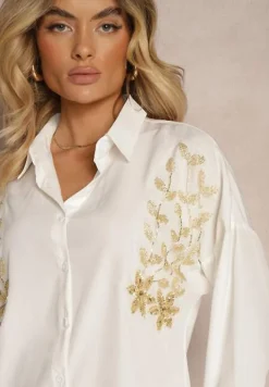 Biała Casualowa Koszula Ozdobiona z Przodu Aplikacją Nestalisa