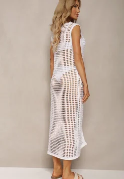 Biała Długa Bluzka w Stylu Ażurowej Narzutki z Rozcięciem z Przodu Corita