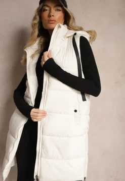 Biała Długa Kamizelka z Ozdobnym Pikowaniem i Odpinanym Kapturem Neriora