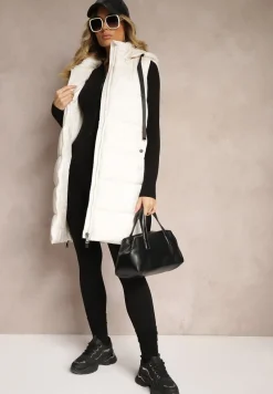 Biała Długa Kamizelka z Ozdobnym Pikowaniem i Odpinanym Kapturem Neriora