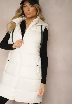 Biała Długa Kamizelka z Ozdobnym Pikowaniem i Odpinanym Kapturem Neriora